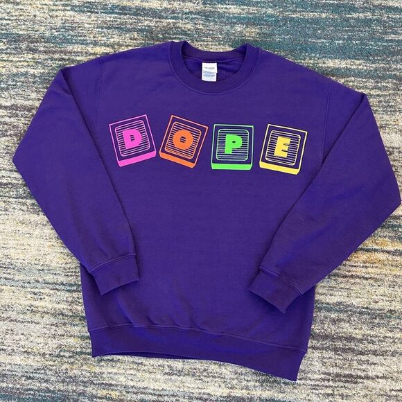 Gildan VTG Crewneck Graphic Sweatshirt Adult Small Purple Neon Lettering DOPE - Picture 2 of 10